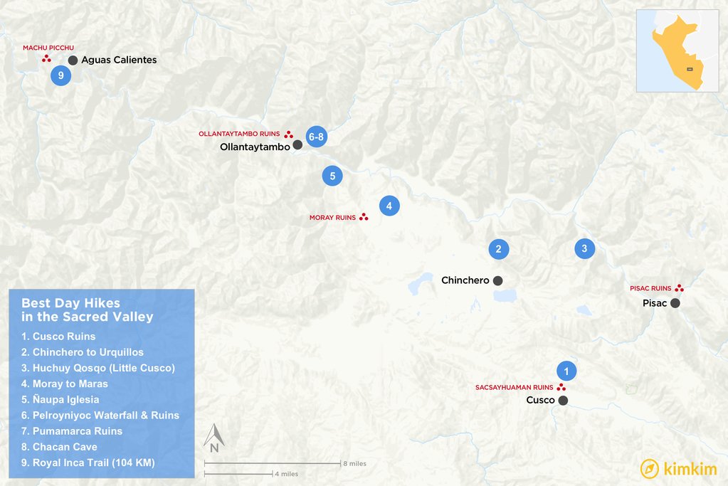 Map of day hikes in the Sacred Valley