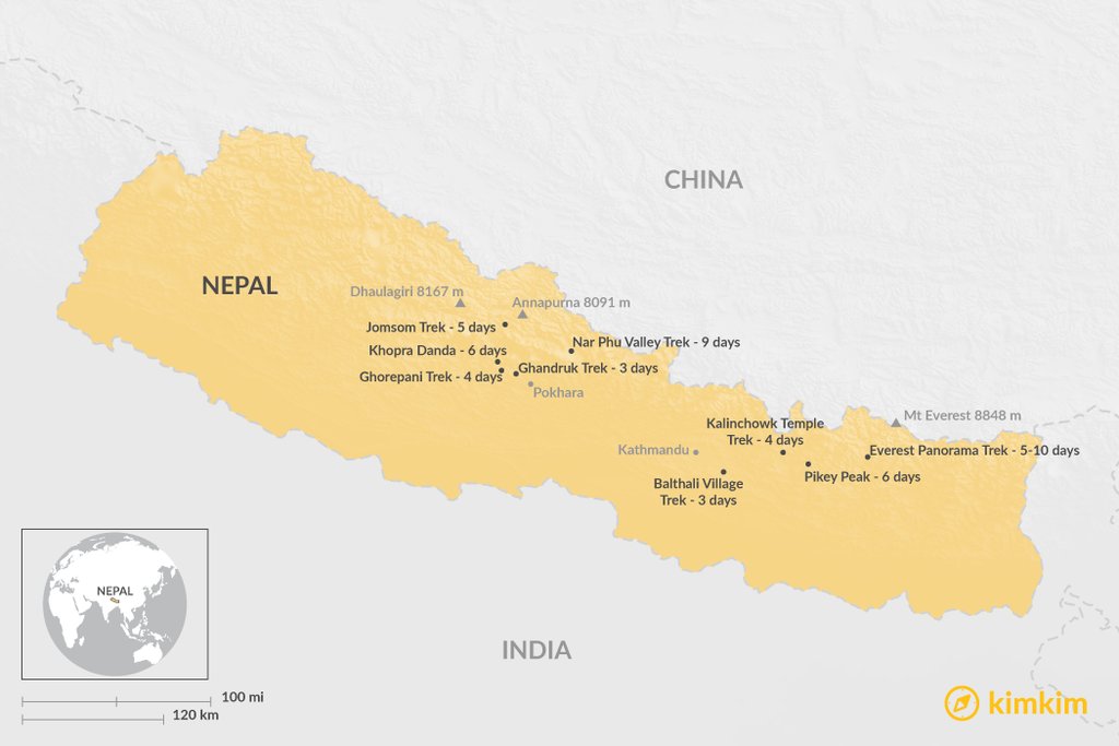 Overview Map of Best Short Treks in Nepal