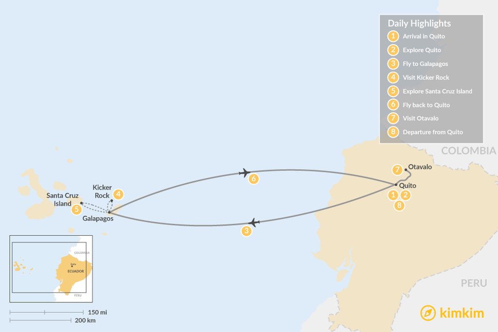 Map of Quito and Galapagos 8 day tour