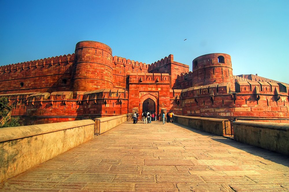The Red Fort of Agra, a stunning architectural display of the Rajput and Mughal architectural styles