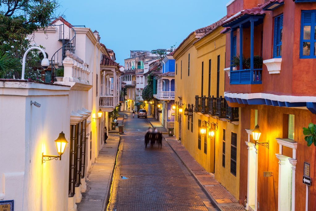 Cartagena's Old Town at dusk.