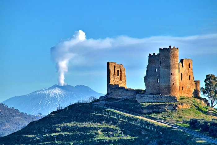 Mazzarino Medieval Castle with Mt. Etna