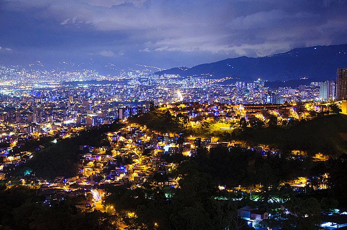 Aerial view of Medellín's skyline after dark