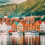 The historic Bryggen district along Bergen's picturesque wharf. 