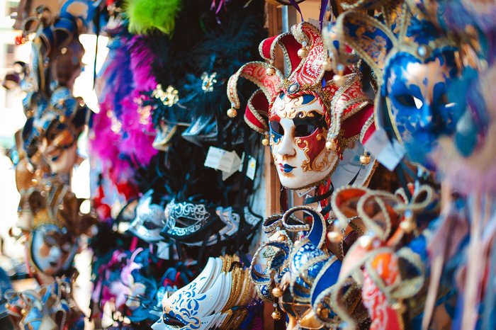 Spot colorful Carnival masks in Venice