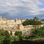 Views across the Marche countryside to the Renaissance hill town of Urbino.