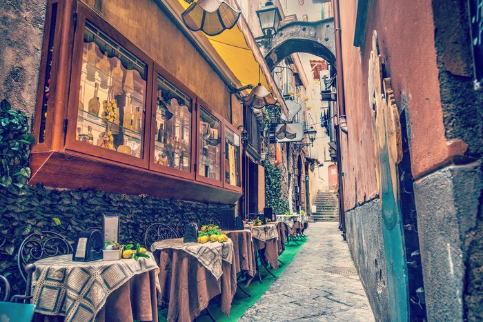 Rustic cafe tables in Sorrento