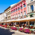 A colorful row of restaurants and cafés in Oslo's Karl Johans gate