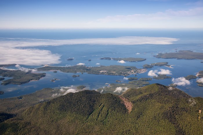 Aerial view of Tofino along the Pacific Rim