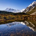 Reflection of Mount Cook on a hidden tarn in Aoraki Mount Cook National Park