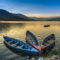 Boats for hire line the shore of Phewa Lake in Pokhara