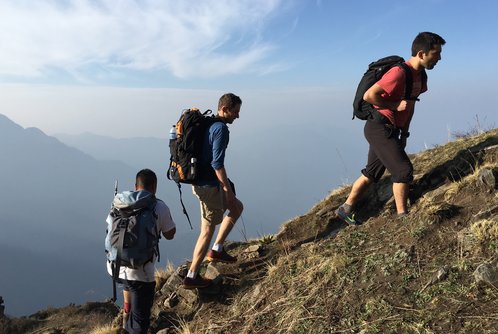 A group of trekkers just below Khopra Ridge in the Annapurna region of Nepal