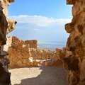 Peer out from the fortress of Madaba onto the Dead Sea and the Judean Desert from Madaba Fortress