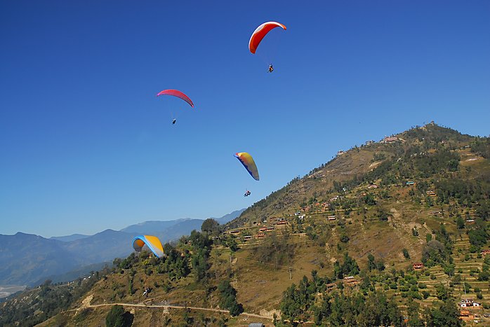 Paragliding from Sarangkot Hill, above Phewa Lake in the Pokhara Valley