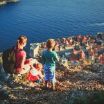 Mom and kids look over Dubrovnik's Old Town from Srđ Mountain