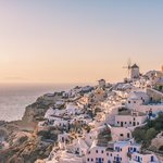 The Santorini village of Oia at sunset.