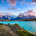 Sunset over Lake Pehoe in Southern Patagonia. 