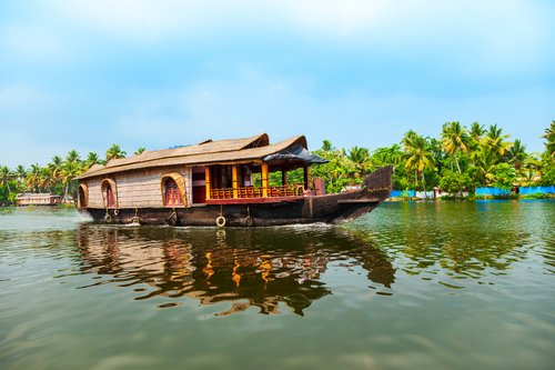 A wooden houseboat on the Kerala backwaters