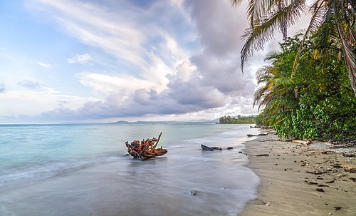 The coastline of Cahuita National Park at sunset