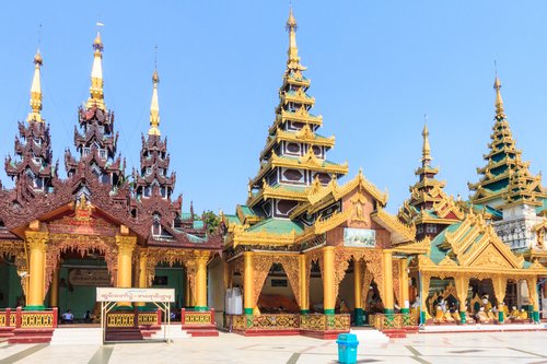 Yangon, Myanmar-May 6th 2014: Buildings in Shwedagon Pagoda. The pagoda is the most sacred in all of Myanmar.
