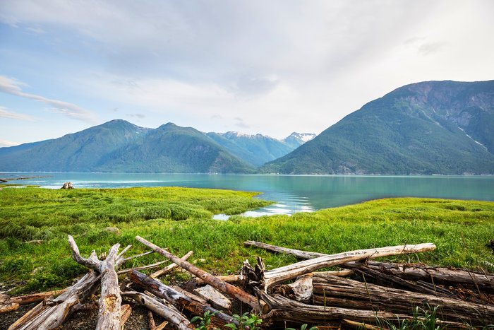 Bella Coola's shoreline at sunset