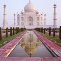 The Taj Mahal bathed in pink light