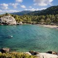 The turquoise waters and lush mountains of Colombia's Caribbean coast.
