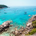 Similan Islands, Andaman Sea, Thailand, March 18, 2018: National park, beautiful blue sea. White boats with tourists.
