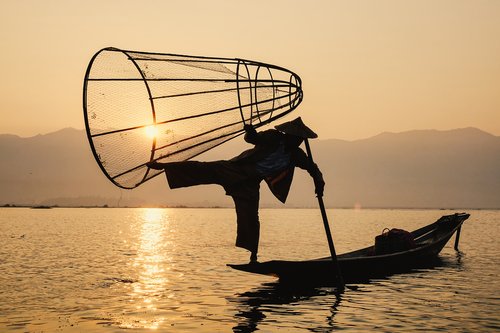 A traditional method of fishing on Inle Lake