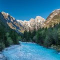 View from the Soca valley to mountains of Triglav National Park