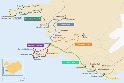 Iceland map: Best Day Trips from Reykjavik