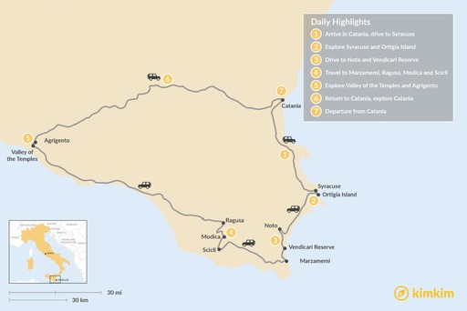 Italy map: Southeast Sicily in 7 days: Syracuse, the Sicilian Baroque, and the Valley of the Temples