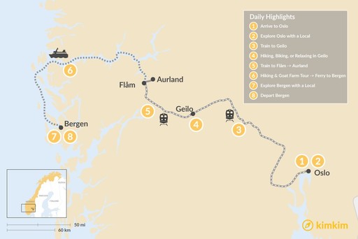 Norway map: Norwegian City, Mountain & Fjord Adventure - 8 Days