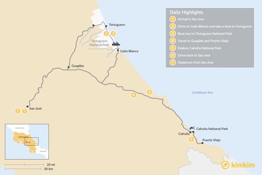 Costa Rica map: Tortuguero & Puerto Viejo - 7 Days