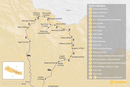 Nepal map: Manaslu Circuit Boutique Camping Trek: 22 Days