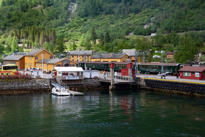 Typical historical village in narrow fjord in Aurland
