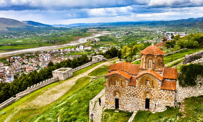 A spring vista of the Byzantine Holy Trinity Church in Berat, Albania