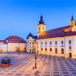Romanian town square at dusk