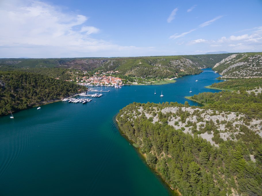 Aerial view over the Krka river estuary and Skradin