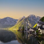 Pretty spring morning light over famous Hallstatt mountain village in the Austrian Alps