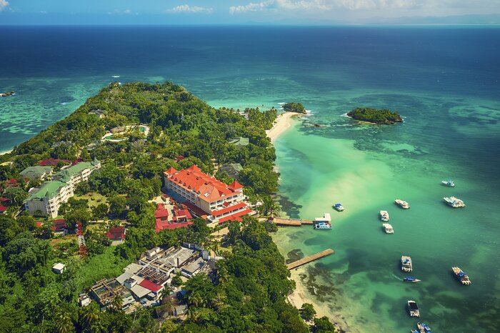 Am aerial view of Cayo Levantado off the north coast