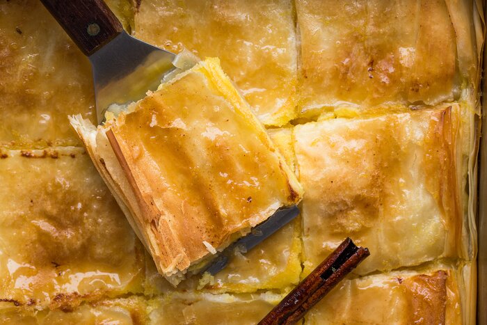 A tray of Bougatsa, a traditional Cretan pastry