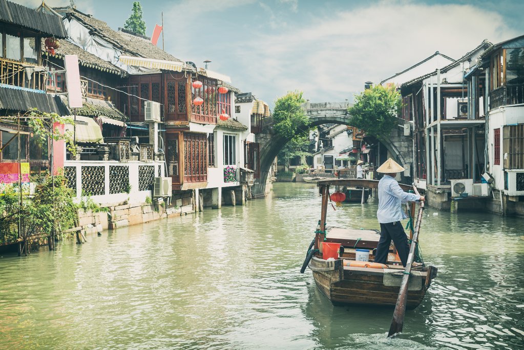 Traditional tourist boats on canals in Zhujiajiao