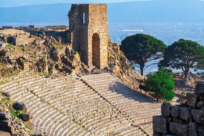 Stand among the second-century Hellenistic theater of Pergamon