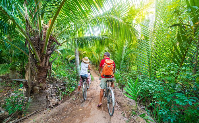 Bike along the canals of the Mekong Delta during your overnight cruise