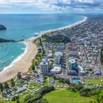 View of the Mount Maunganui suburb from the summit of the dormant volcano Mauao