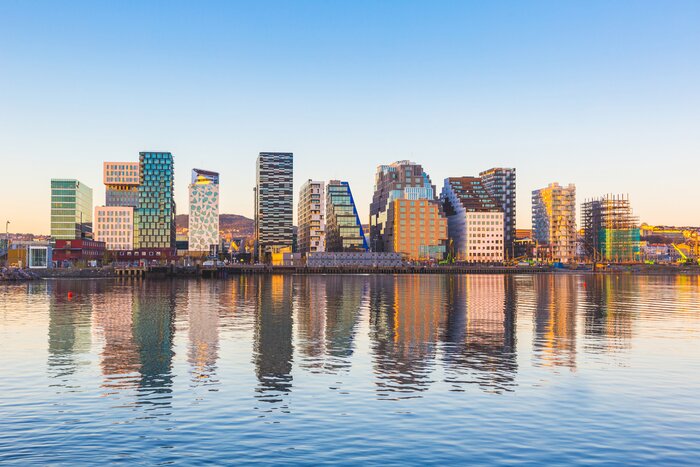 Oslo's modern buildings and their watery reflections
