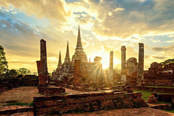 Sunrise over the historic park of Ayutthaya
