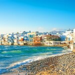 Colorful beachfront houses in Mykonos