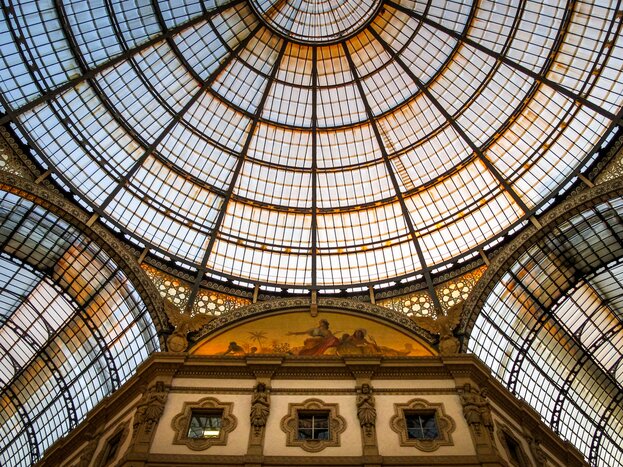Inside the dome of the Galleria Vittorio Emanuele II in the historic heart of Milan